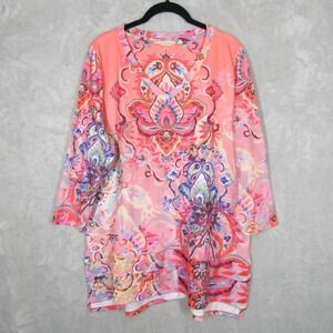 Soft Surroundings XL V Neck Tunic Top Coral Pink Paisley Print Long Sleeve